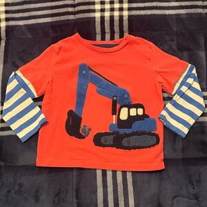 Mini Boden Boy’s Red Long Sleeve Shirt with Excavator Design